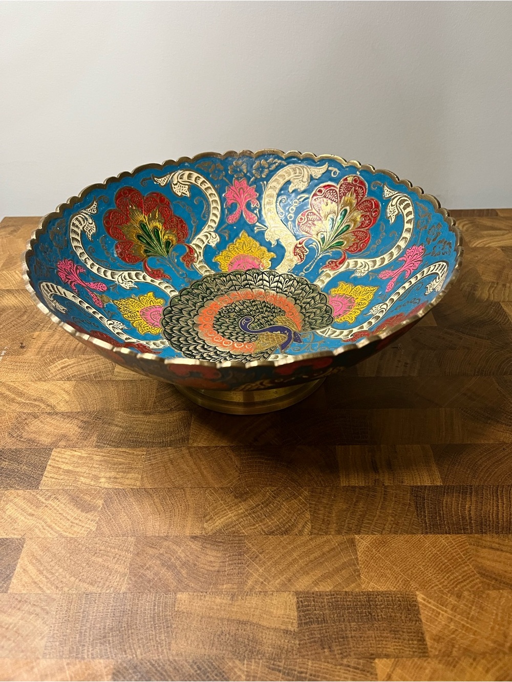 Hand-Painted Turquoise Floral Scallop-Edge Decorative Bowl